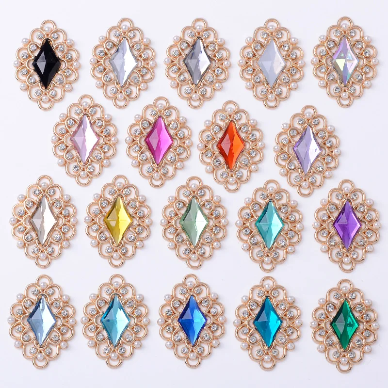 Light luxury high-end clothing, bags, rhombus pearl flower plate DIY accessories, hollow lace rhombus alloy accessories