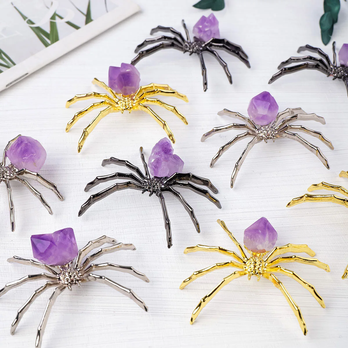 1pc Natural Amethyst Tooth Flower Spider Ornament Alloy Mineral Octagonal Spider Shaped Crystal Handicraft
