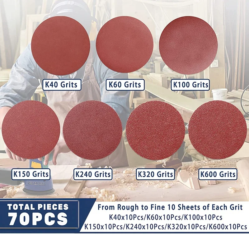 70PCS 125Mm Sanding Discs Pads,Hook And Loop 40 60 100 150 240 320 600 Grits Sandpaper Sheet For Random Orbital Sander