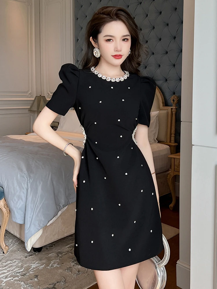 Elegant Sweet Black Dresses Women's Shiny Diamond Hollow Cut Out Waist Short Gown Femme Banquet Party Vestidos Fashion Show Lady