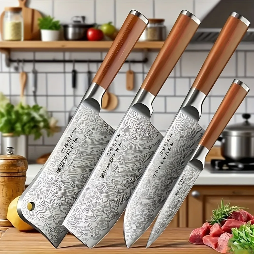 PLYS 4pcs Stainless Steel Kitchen Knife Set Meat Cutter Slicing Knife Fruit Knife Sharp Blade Precise For chopp Christmas gift
