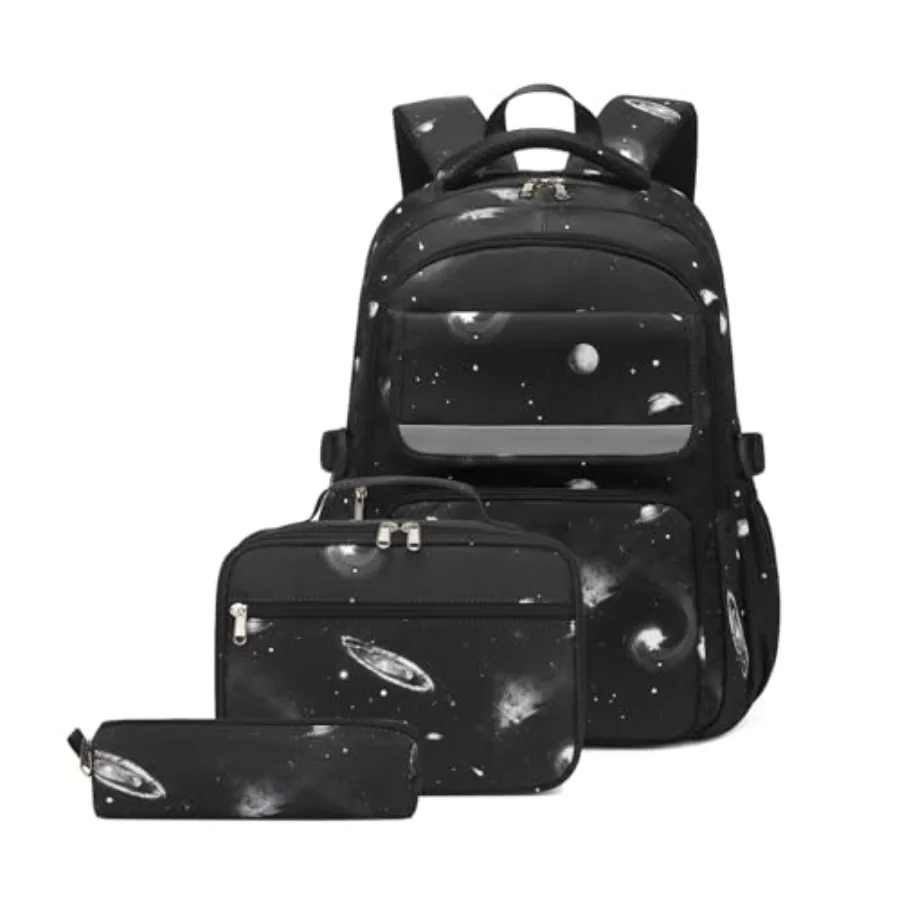 

Mildame Galaxy Backpack for Boys with Lunch Box Set, 3Pcs Boys Bookbag for Elementary, 3 in 1 Teens Space Printed School Bag