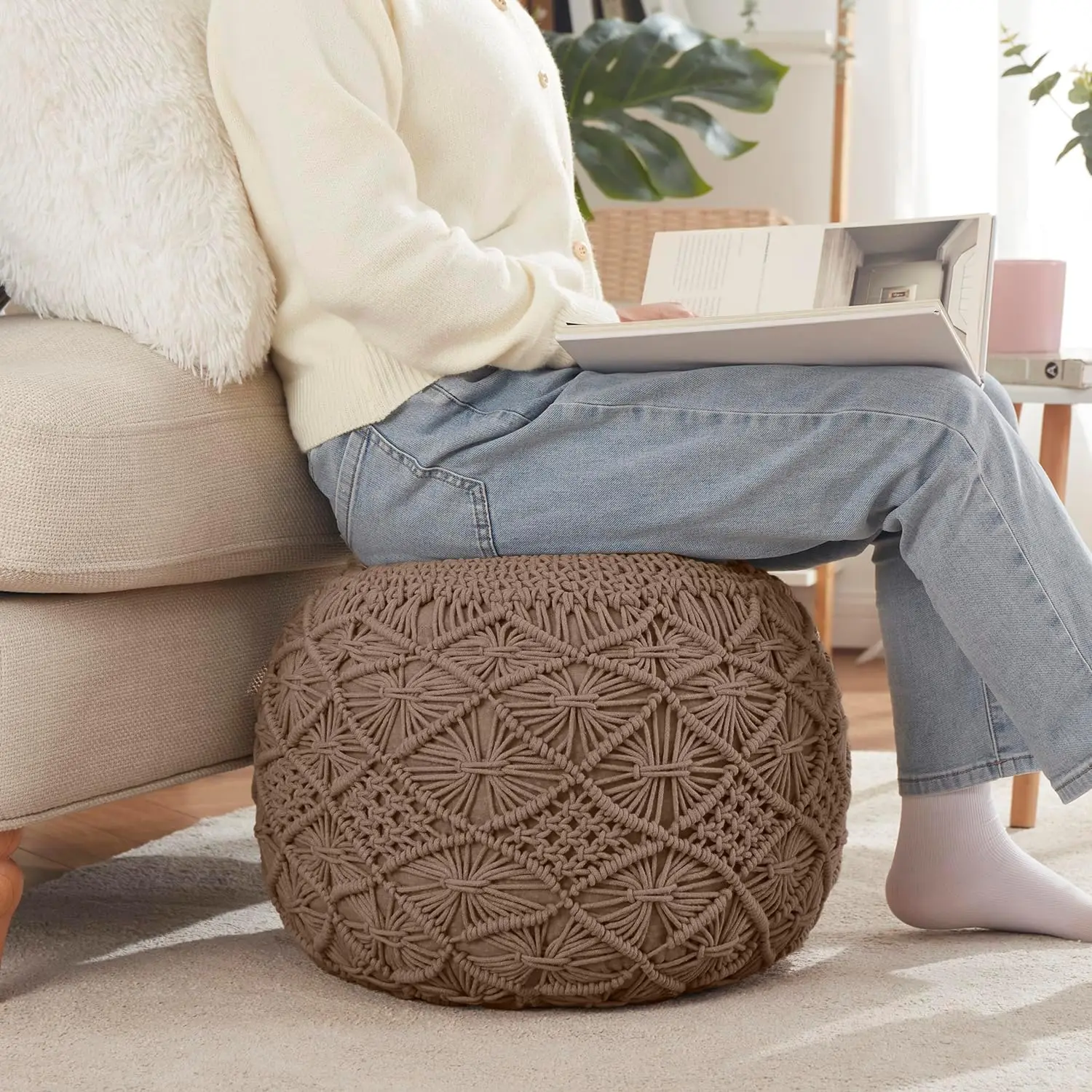 Pouf Ottoman Foot Rest - 100% Cotton Pouffe - Hand Knitted Macrame Braid - Boho Round Stuffed Ottoman for Living Room, Bedroom