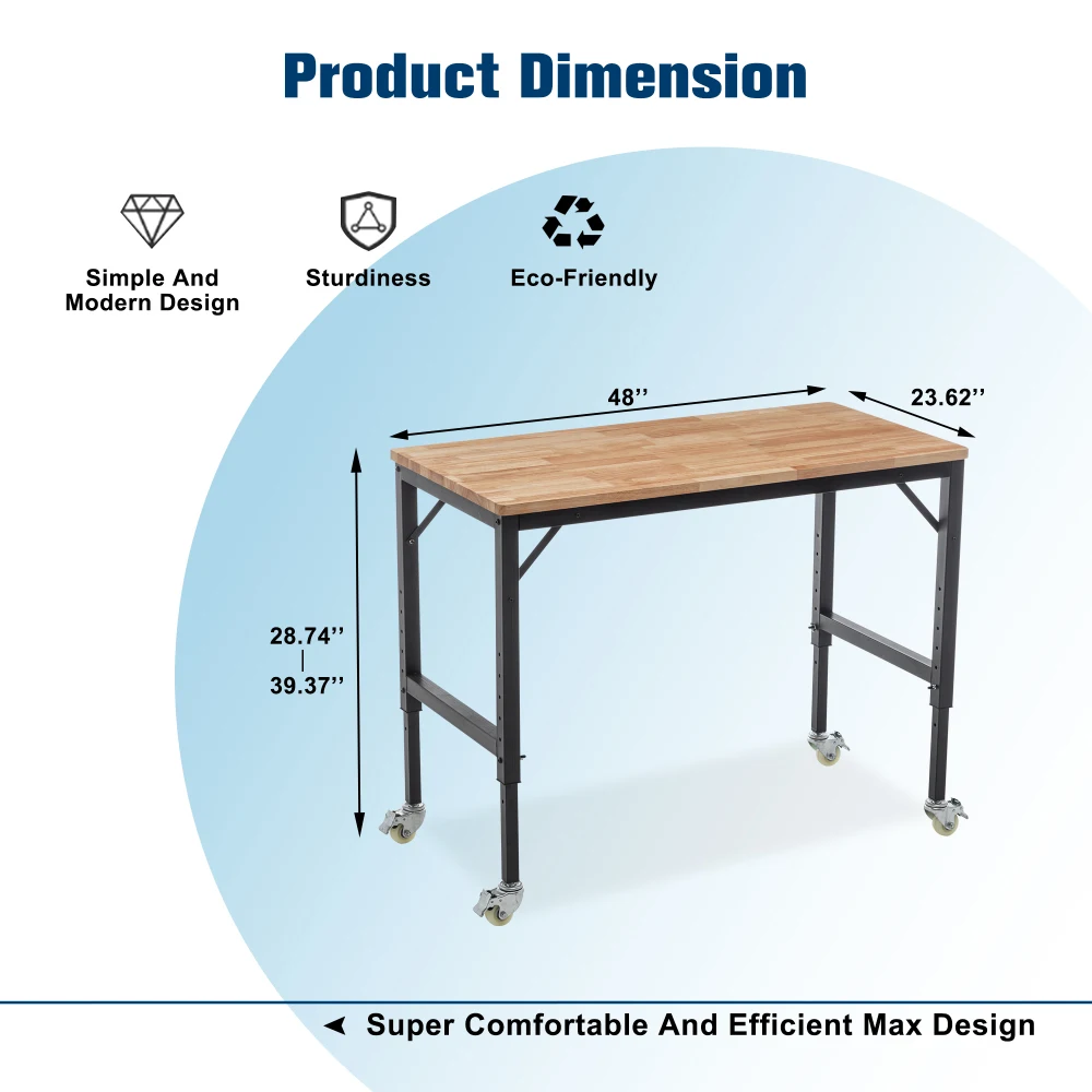 Heavy-Duty Adjustable Workbench for Garage, Rubber Wood Shop Table W/Metal Wheels, Hardwood Workstation Weight Capacity