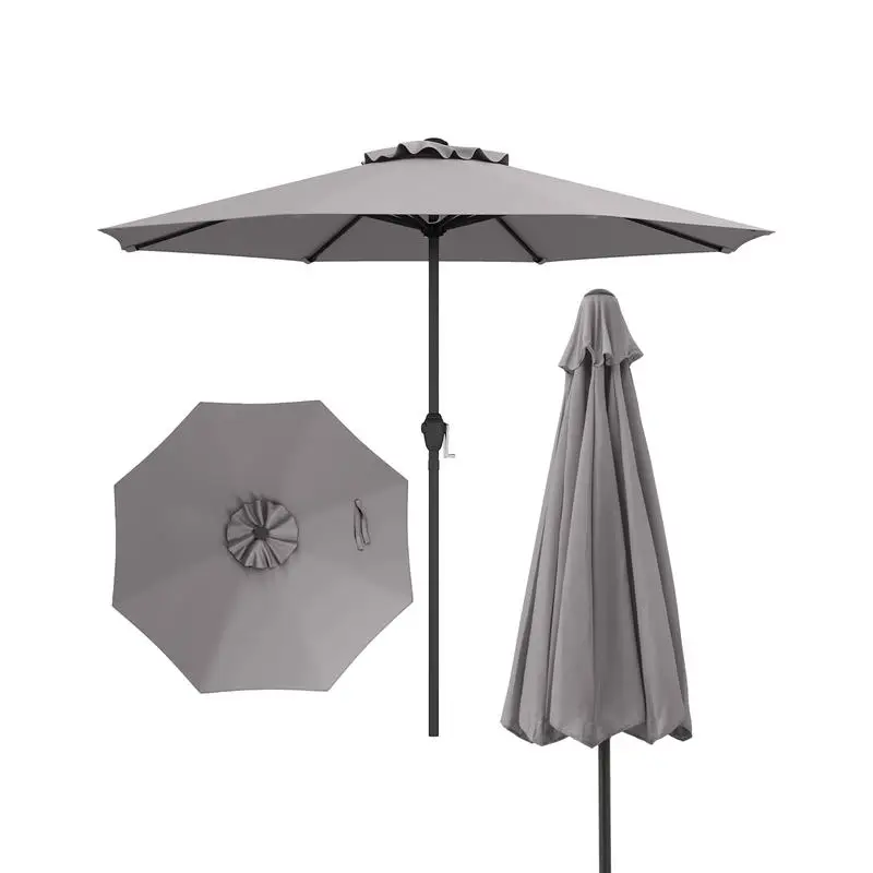 Heavy Duty Market Patio Umbrella with Crank Handle and 8 Reinforced Ribs, Durable Outdoor Garden Shade Canopy for Deck Terrace, Gray