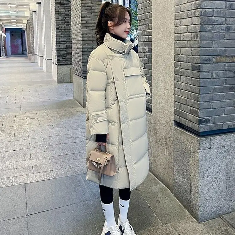 2024 Winter Long Jacket For Women Streetwear Loose Waist Hooded Padded Warm Parkas Coat Solid Knee Length Cotton Jackets LX461