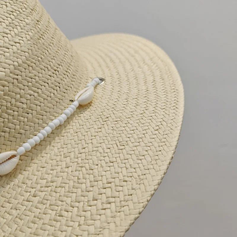 Summer Panama Hats for Women Sun Hat with Long Shell Conch Chain Straw Hats Vintage Style Fedora Female Outdoor Travel Beach Hat