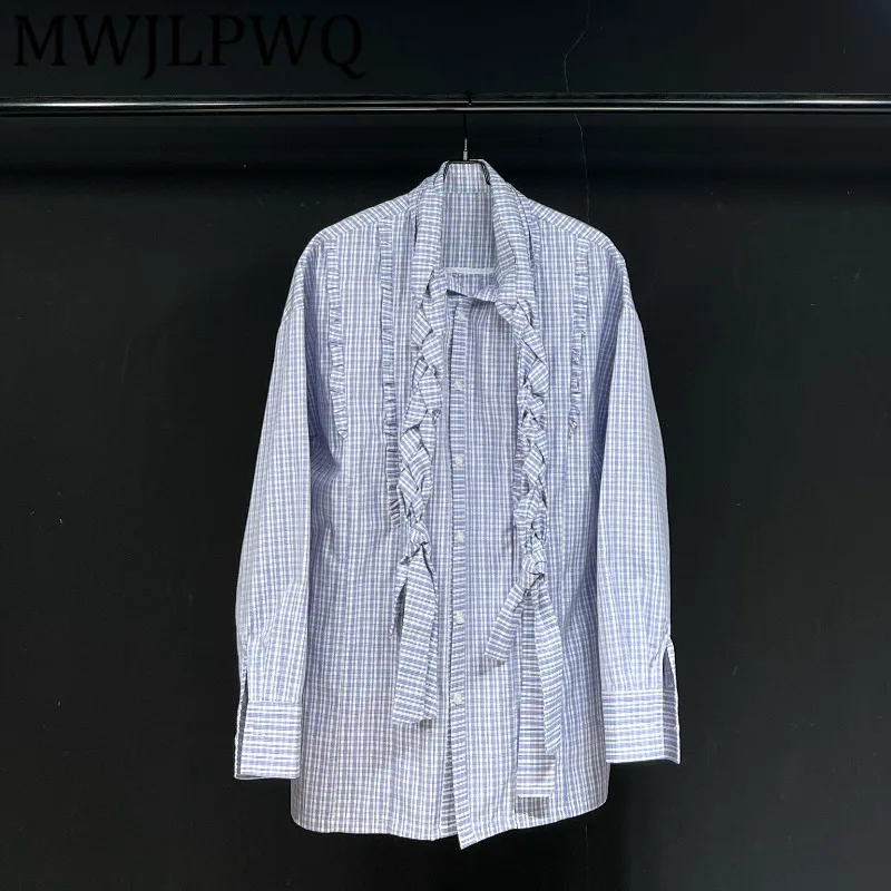 

MWJLPWQ Lace Up Collar Design Plaid Spliced Male Shirt Long Sleeves High Street Fashion Women Casual Tops 2025 New Autumn 11818