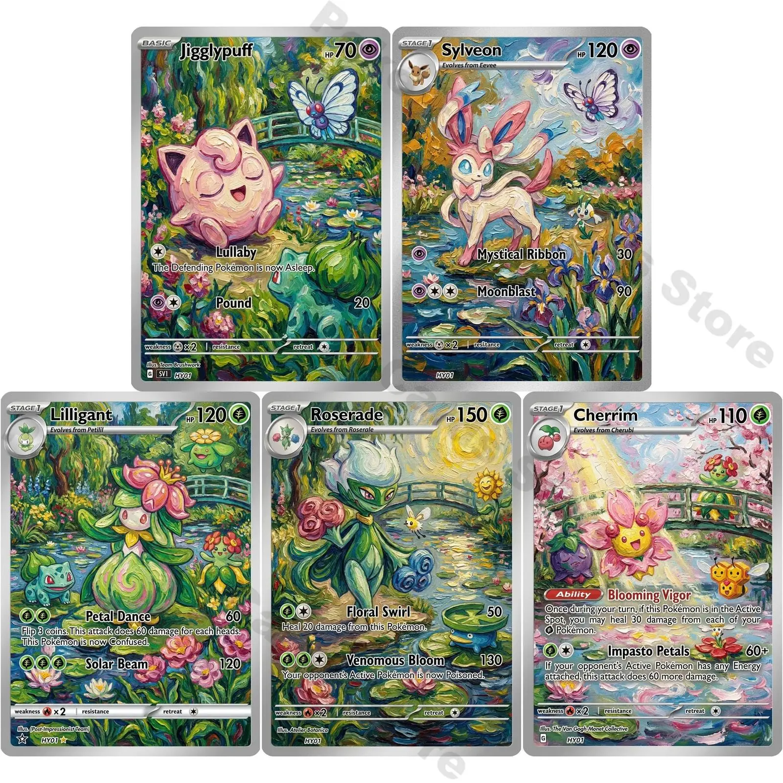 Pokemon Cards PTCG Oil Painting Style Custom Jigglypuff Sylveon Lilligant Roserade Cherrim Collection Cards Set Pokemon Gift