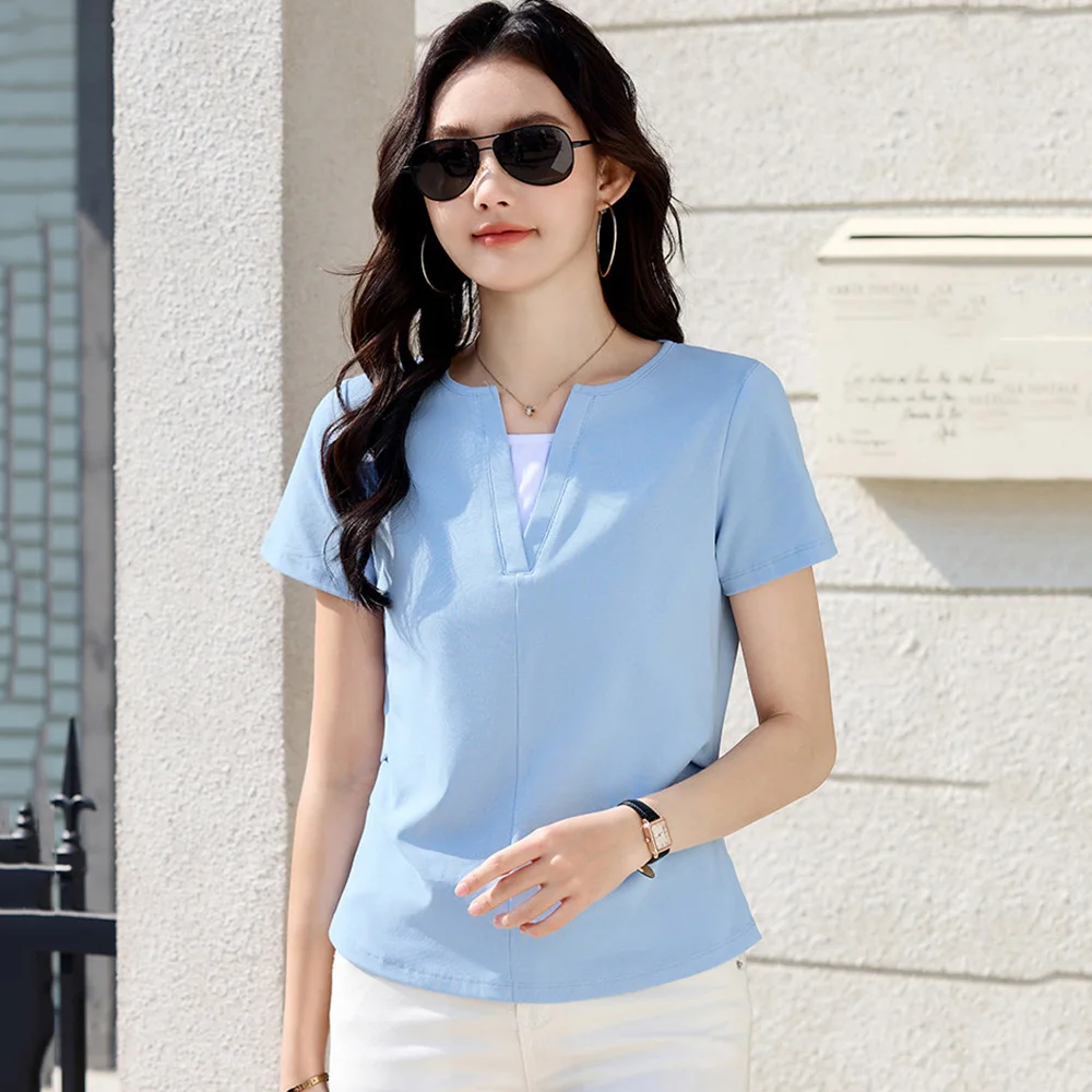 New Women Simplicity Short Sleeve T-shirt Summer Fashion Contrast Color Patchwork Small V-Neck Slim T-shirt Casual Pullover Tees