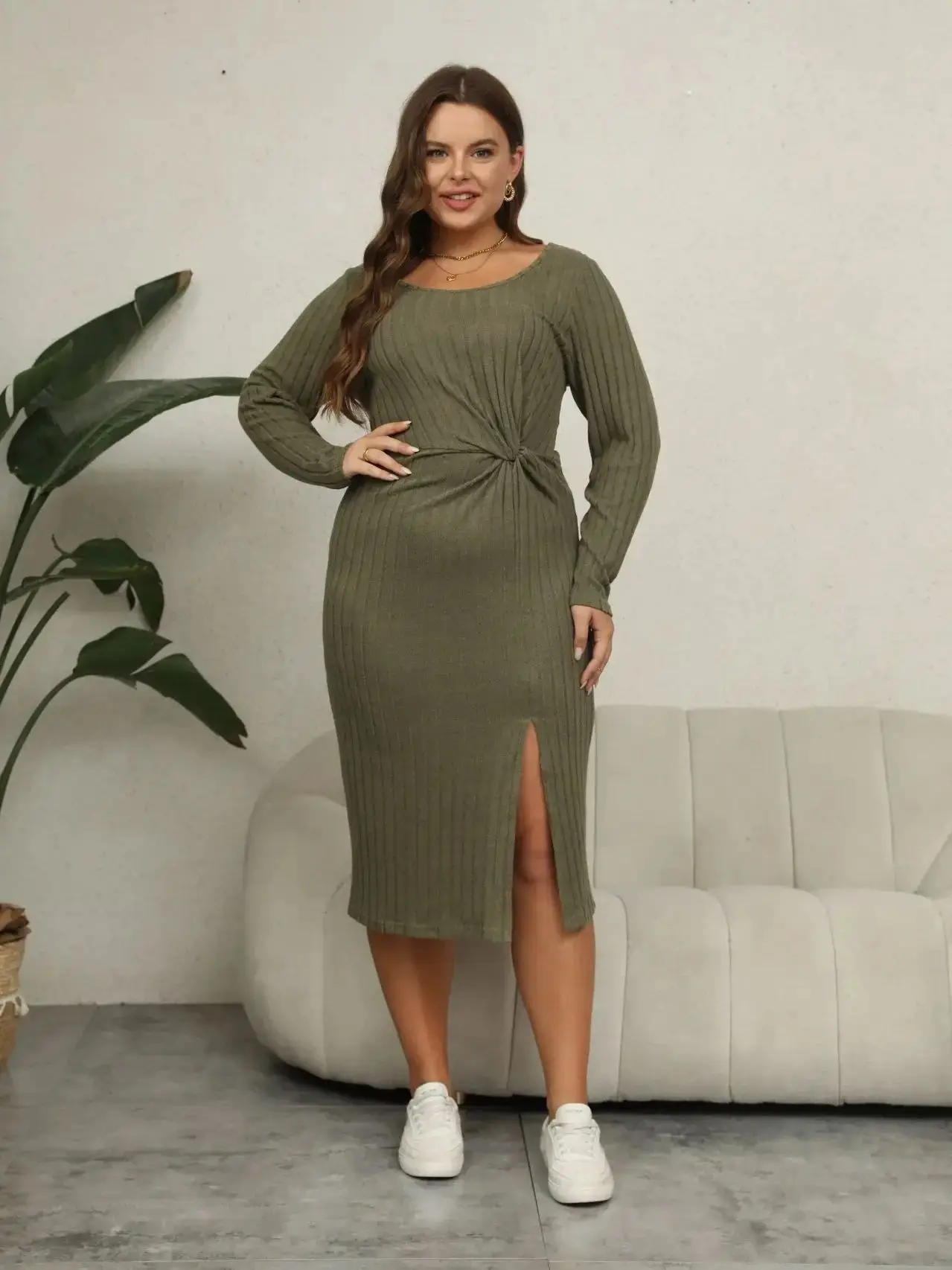 KEBY ZJ Plus Size Women's Clothing Autumn Winter Bodycon Dress Solid Casual Long Sleeve Side Split Sexy Elegant Midi Dresses