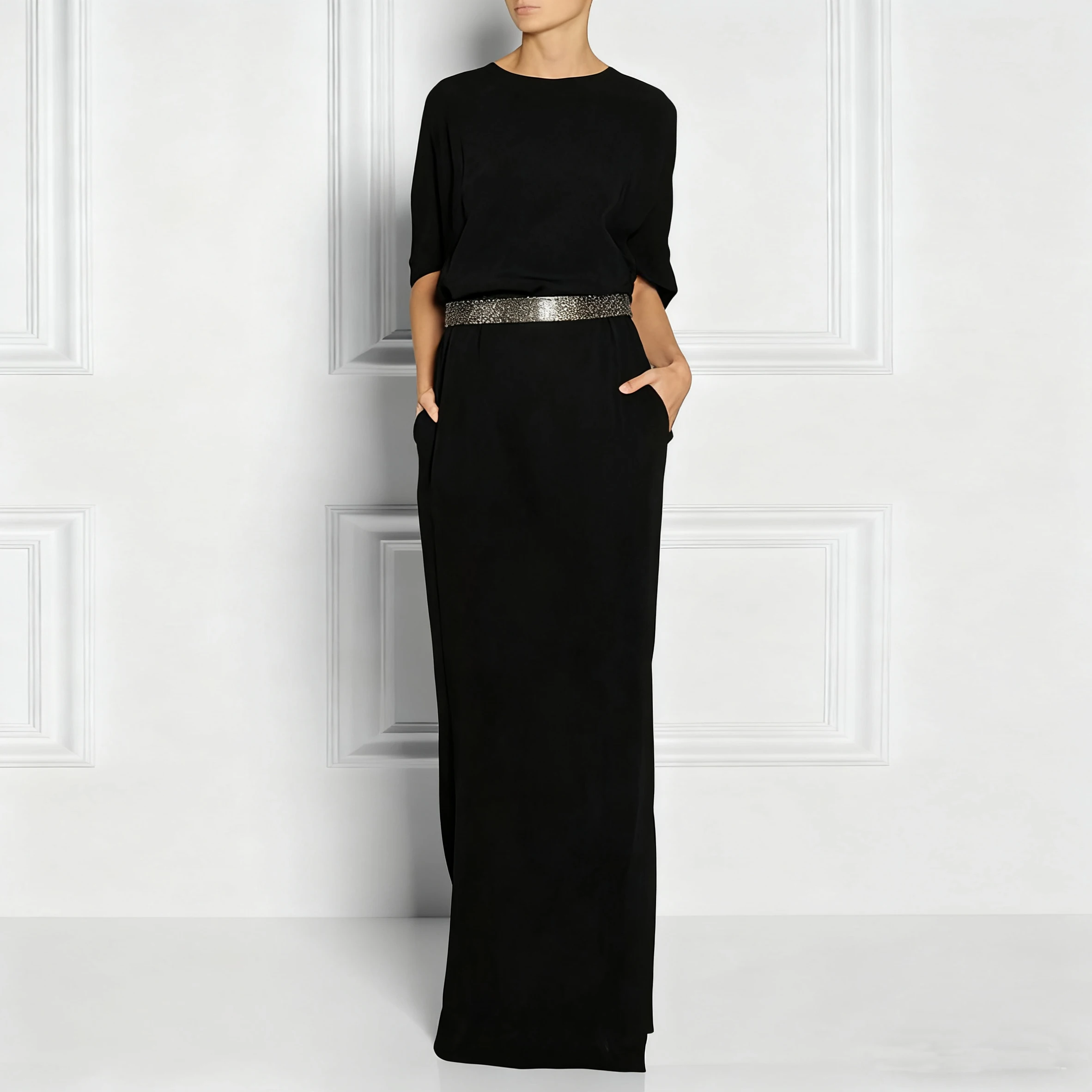 เดรสยาวสีดำคลาสสิกสำหรับผู้หญิง ฤดูใบไม้ร่วง-ฤดูหนาว 2025 ดีไซน์หรูหราสำหรับงานวันเกิด ประดับด้วยคริสตัล ทรงหลวม เสื้อผ้าผู้หญิง