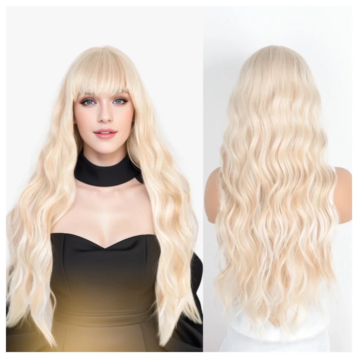 HOVOX Synthetic Wig For Women Long Wave Blonde Full Bangs Fashionable Daily Cosplay Party Heat Resistant Natural Wig