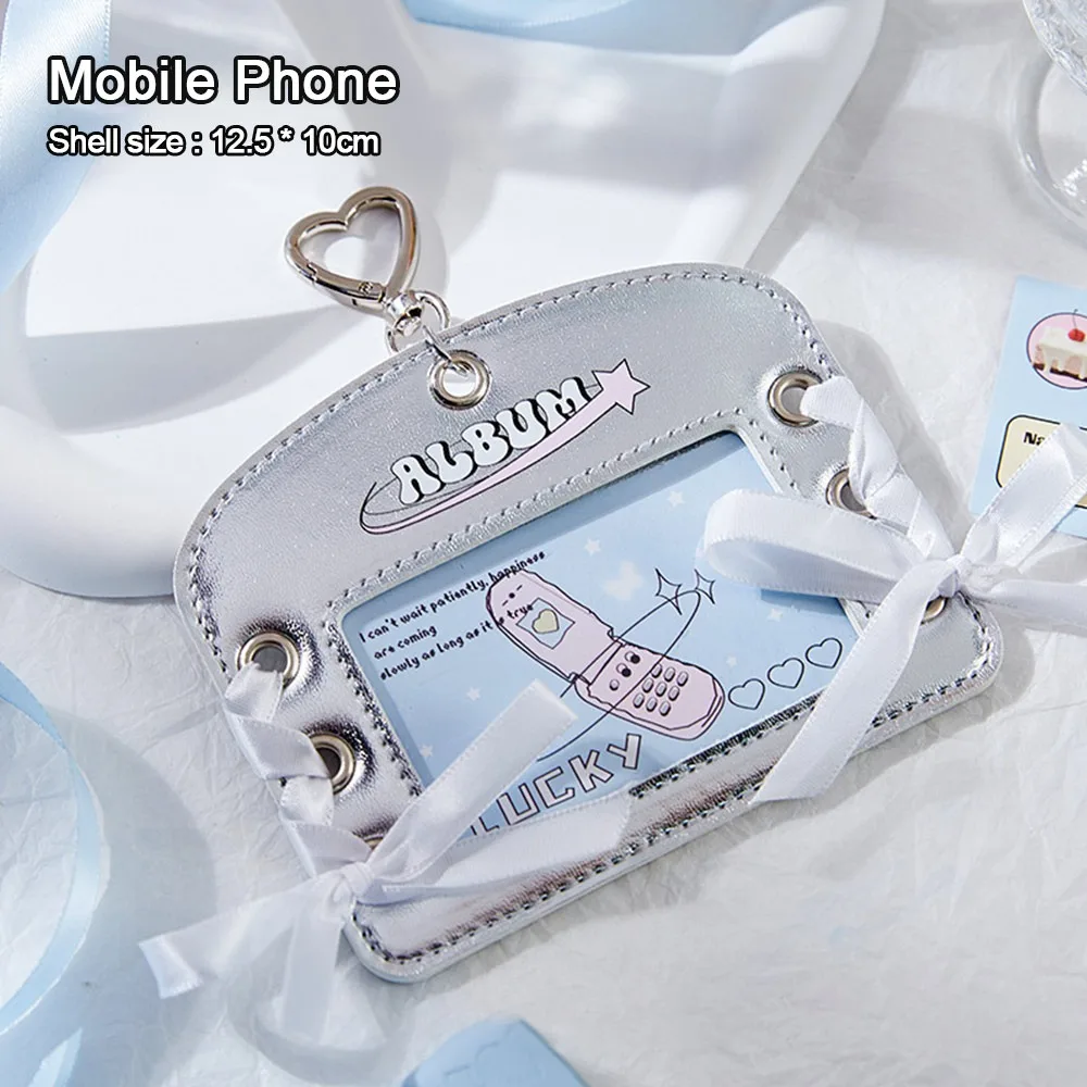 

Portable Y2k Card Holder Shiny Silver Card Storage Idol Photo Card Protective Cover Bow Photo Display Sleeves