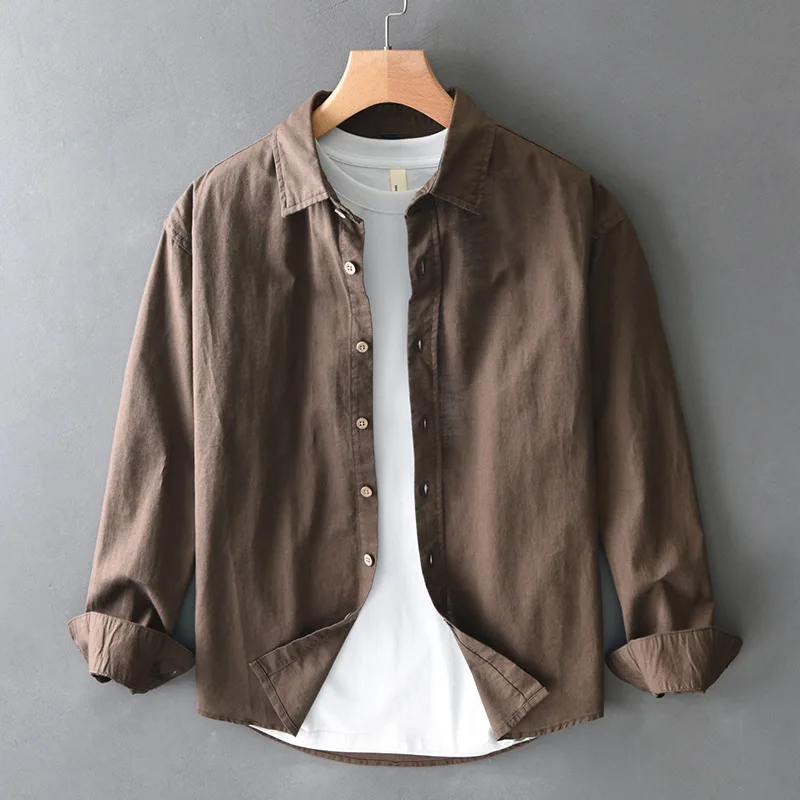 Simple solid color cotton linen long sleeve shirt men's spring linen retro loose casual shirt