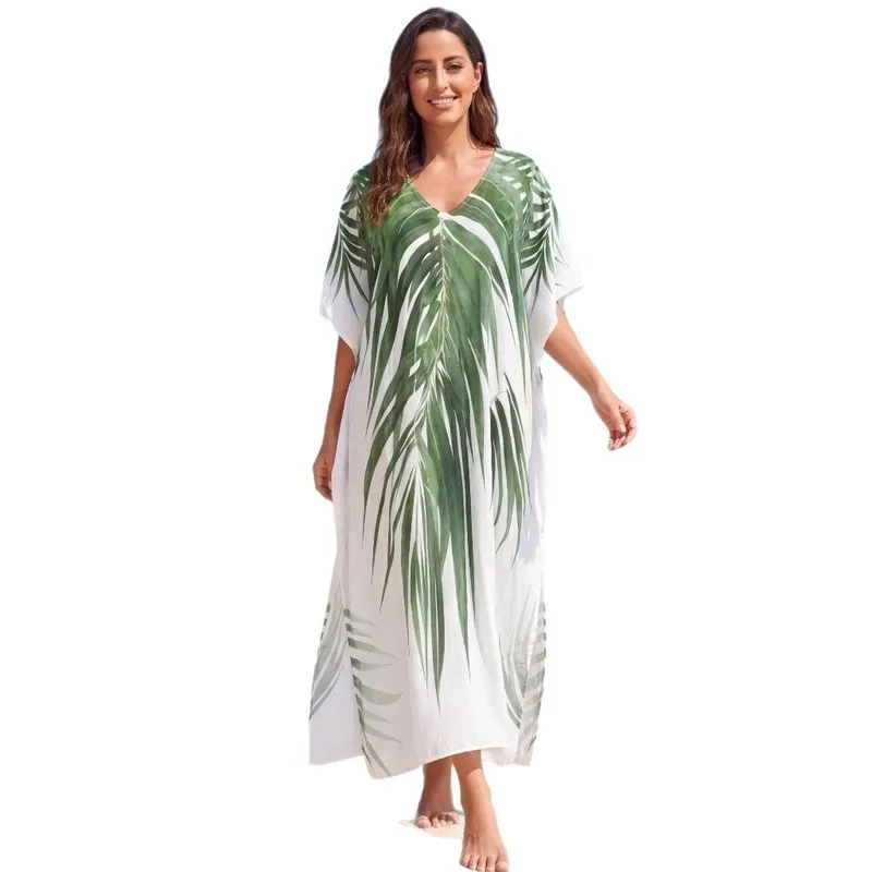 Plus Size Women's Beach Cover Up Shirt Loose Fit Leaf Print Sunscreen Pullover Top Sheer Lightweight Bikini Wrap For Tropical Va