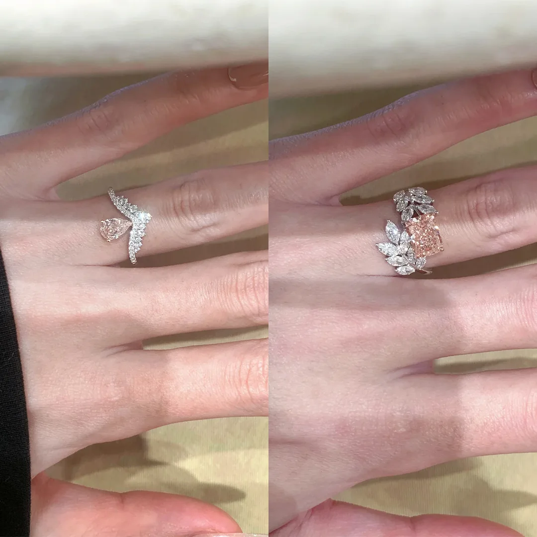 S925 Sterling Silver Ring Pink Diamond Ice Flower Cut Square Sugar Wheat Leaf Lightweight Luxury Ring For Women