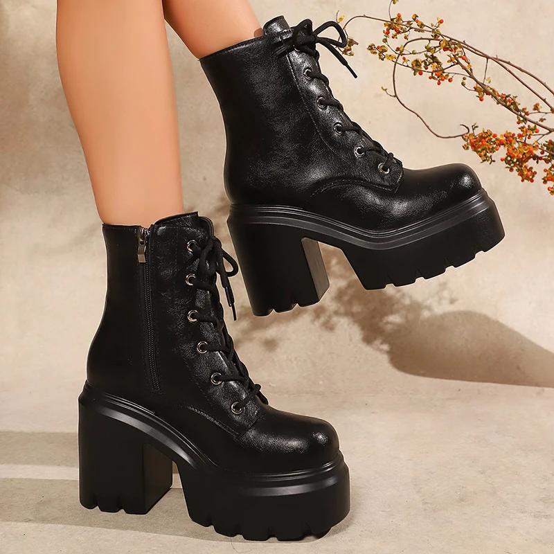 

Женские ботильоны на массивном высоком каблуке в стиле панк, мотоциклетные ботинки на толстом каблуке и платформе со шнуровкой, большие размеры 42, готические ботильоны на молнии