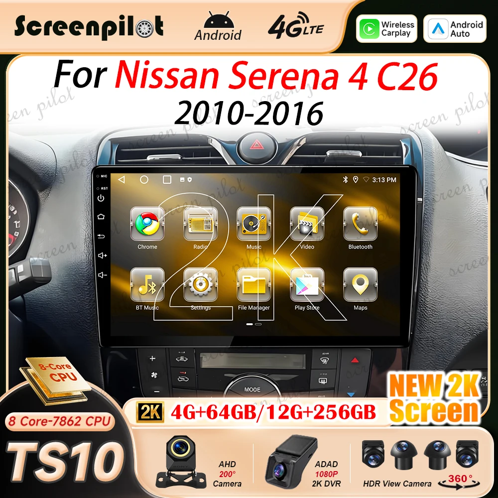 Android 16 Car Radio Stereo For Nissan Serena 4 C26 2010 2011 2012-2016 2K QLED Multimidia Player GPS Carplay Android Auto