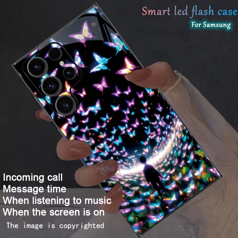 

Glitter Gradient Butterfly Luminous Phone Case For Samsung S25 S24 Ultra S23 FE S22 Plus S21 Note 10 Lens Protection Cover Glow