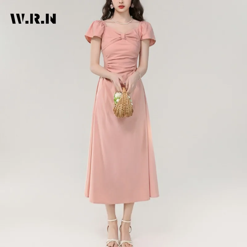 

2025 Summer Sweet Short Sleeve Bow Solid Color Midi Dresses For Women Elegant Fairy Chiffon A-Line High Waist Folds Dress