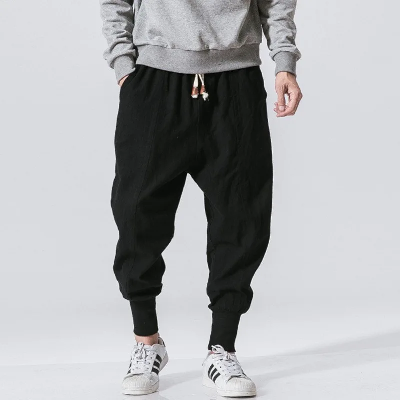 

2026 Cotton Linen Elastic Pants Men Casual Pants Youth Fashion Skinny Jeans Harem Pants