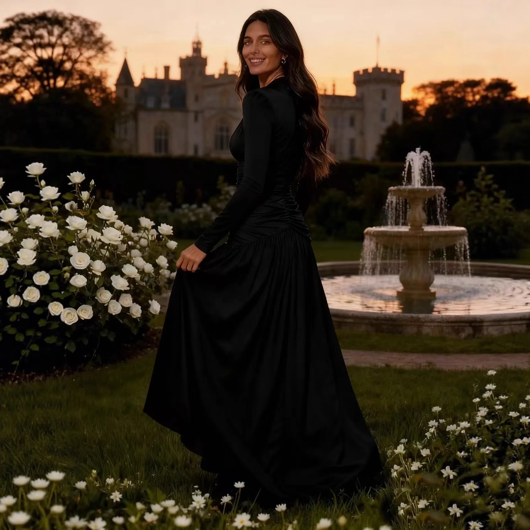 25 outono-inverno nova moda elegante decote em v profundo vestido de noite de manga comprida vestido digno de cintura alta