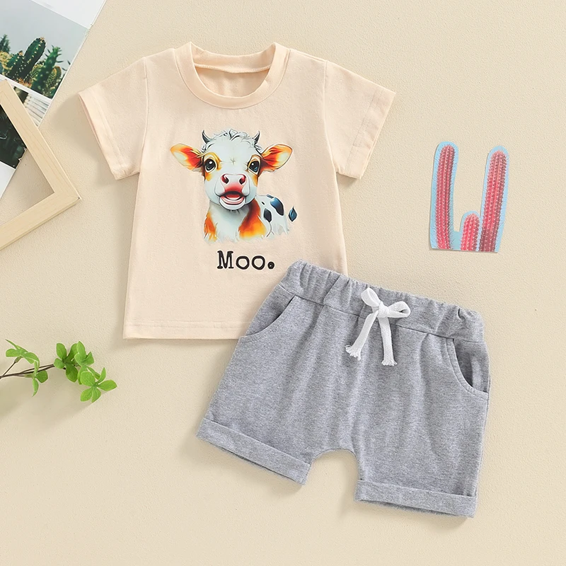 

Baby Boy Western Outfits Toddler Short Sleeve Cow t-shirts Tops Elastic Waist Shorts 2Pcs Summer clothes Set