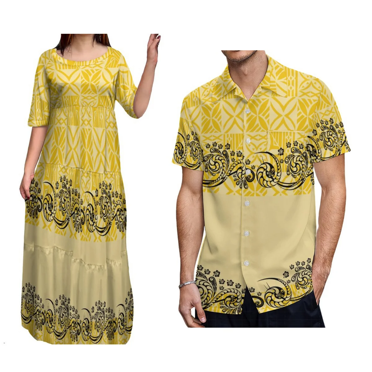 Polynesian Floral Print Fiji Samoa Party Women'S Elegant Dress Featured Cake Skirt Men'S Casual Shirt Summer Couple Suit