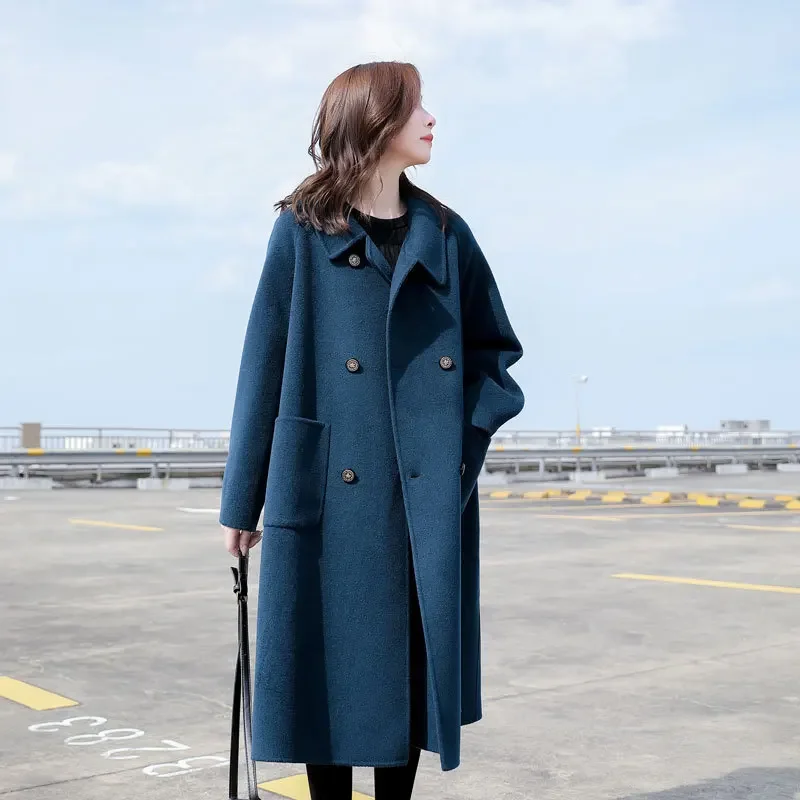 

2022 autumn and winter new double-sided tweed coat for women, long loose Hepburn style small woolen coat