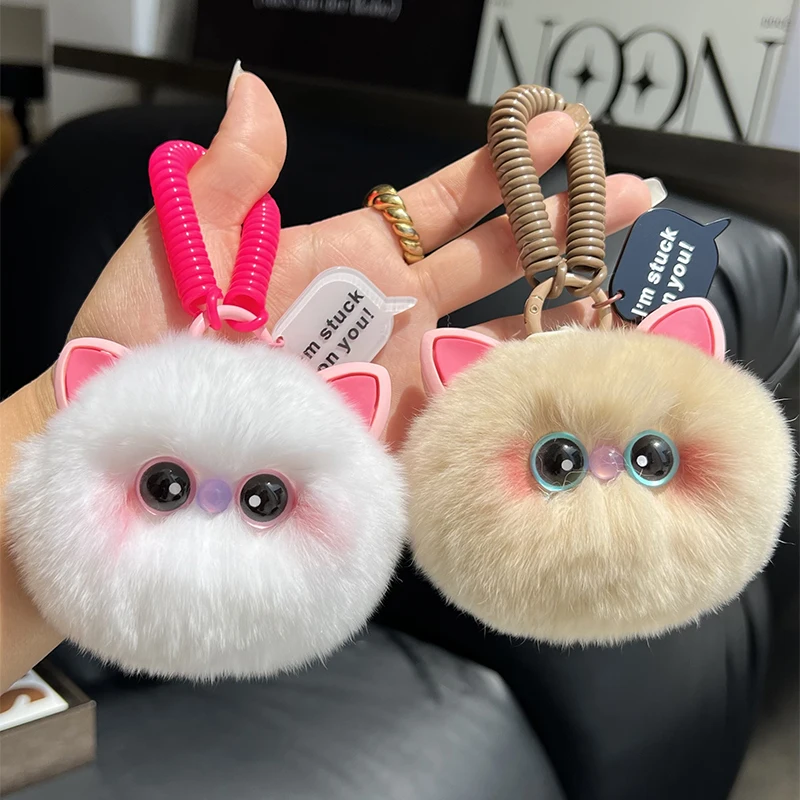 Plush Cat Keychain For Women Real Rabbit Fur Ball Kitten Keyring Student Gift Bag Lanyard Bag Pendant Cheap Gift For Friends