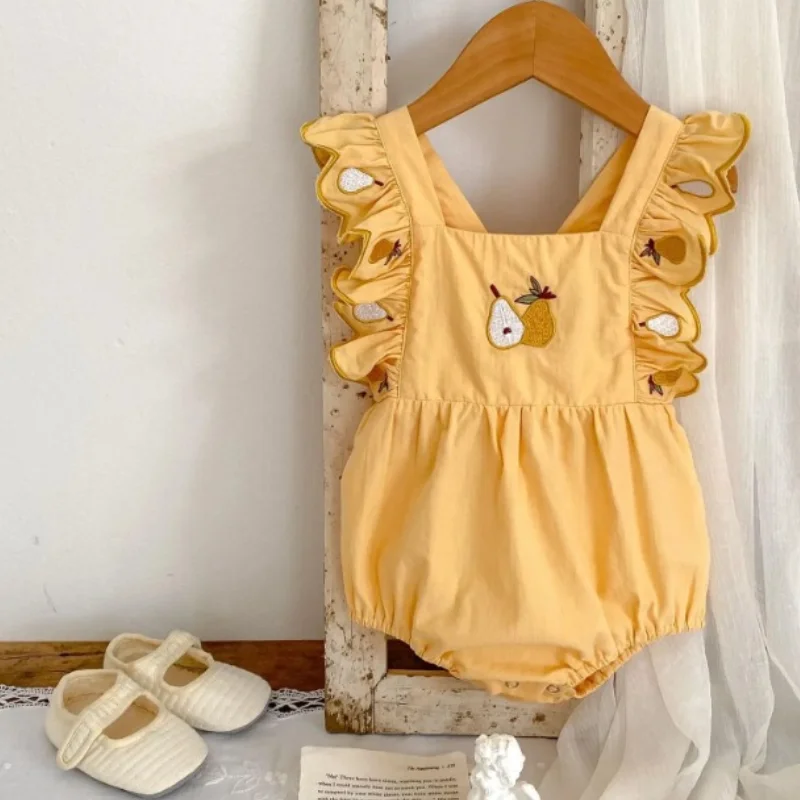 Newborn Photography Outfits Summer New Cute Pear Embroidered Strap Bag Fart Sleeveless Rompers Baby Photo Shooting Clothing