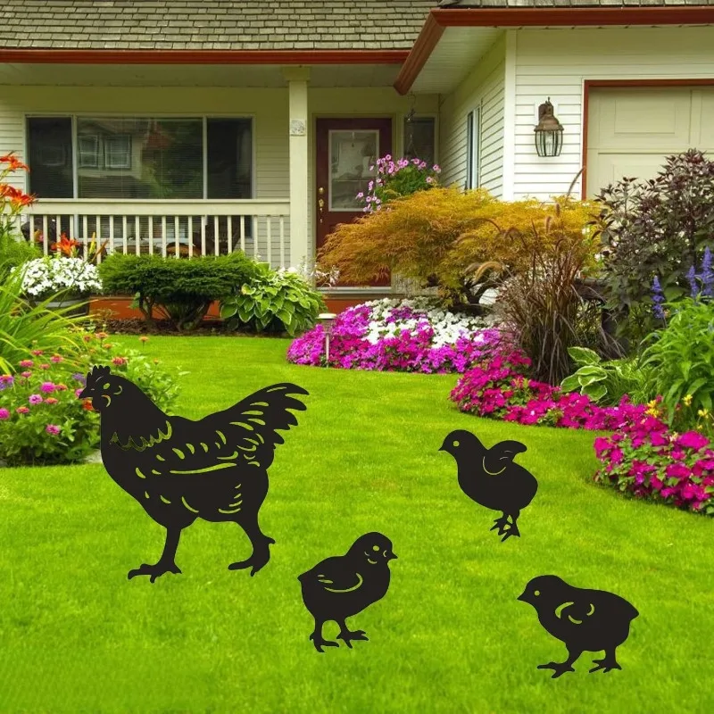

Новый набор из четырех металлических фигурок кур для сада, украшение для двора, декор для газона, садовые колышки, украшение для сада на открытом воздухе