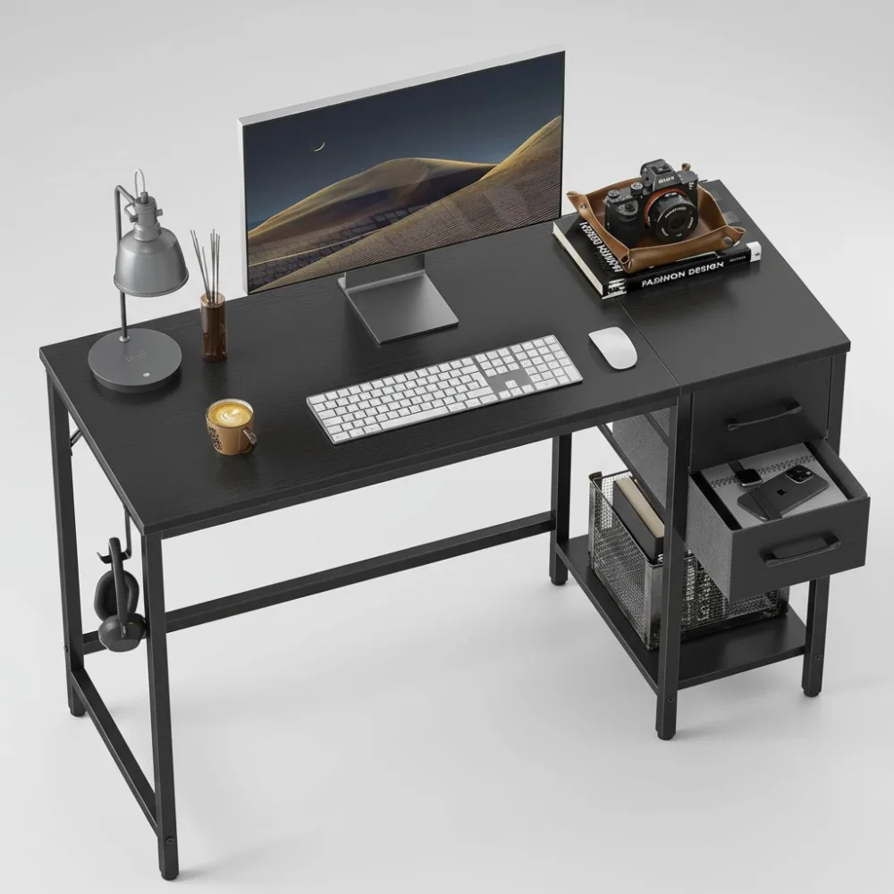 

47 Inch Small Computer Desk with Drawers, Modern Home Office Writing Table for Study Gaming, Black