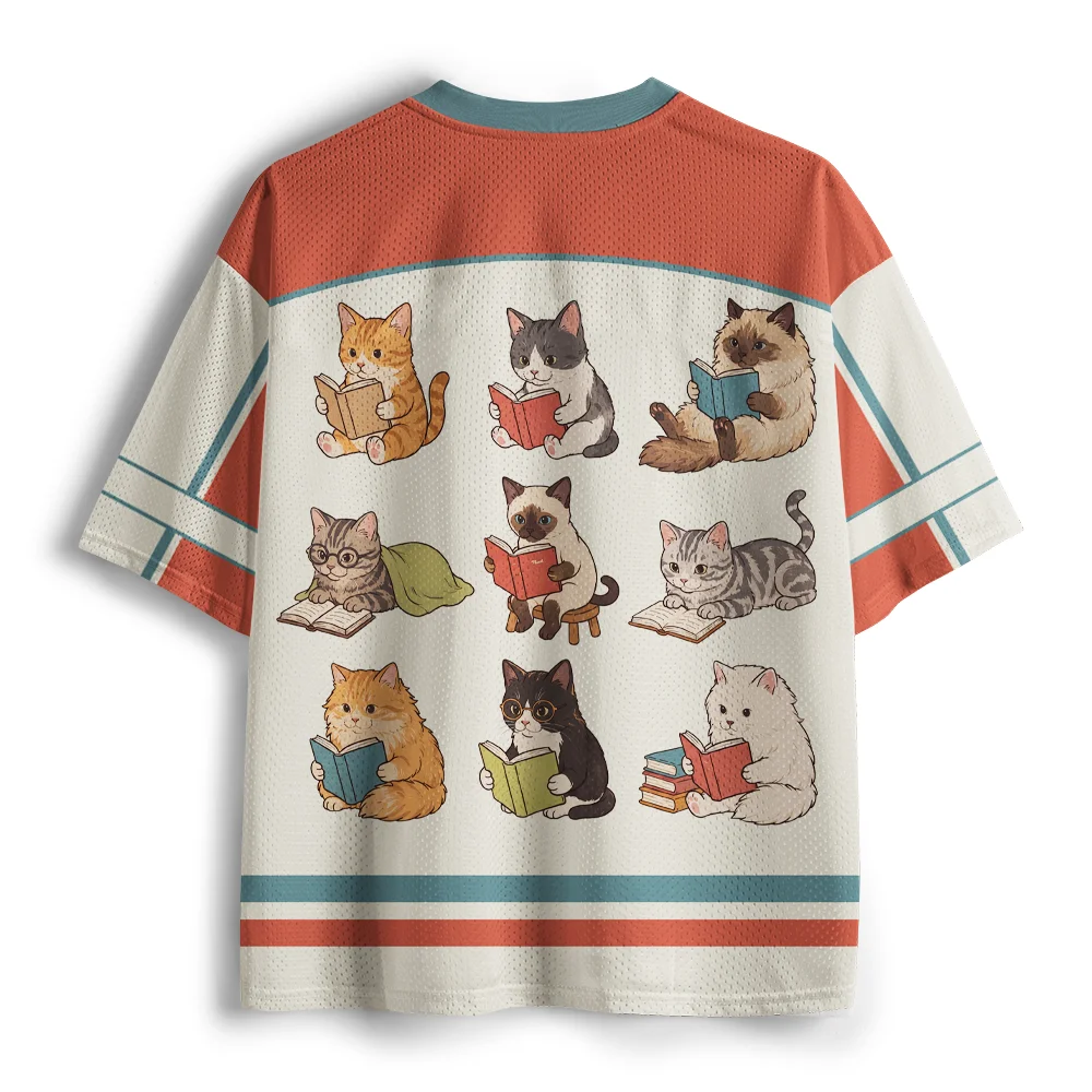 Cute Reading Cats Collection Mesh Jersey Tee, Vintage Cartoon Kitten Book Print V Neck Short Sleeve Casual Shirt