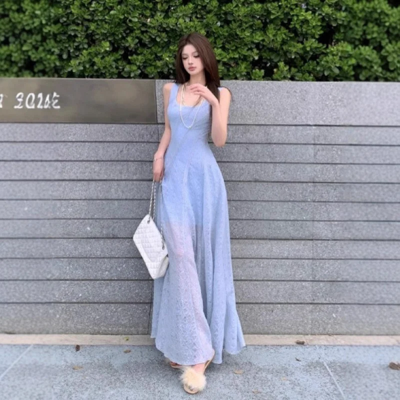 

Французское кружевное платье-майка синего цвета для женщин, летнее платье для чаепития, элегантное и стройнящее, длинное, в праздничном стиле.