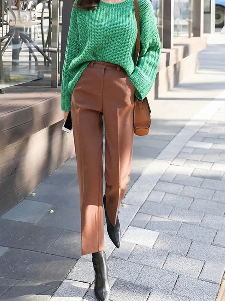 

Утепленные шерстяные брюки с высокой талией, прямые, в корейском стиле, для повседневной носки, осень-зима, новинка, с деталями на карманах