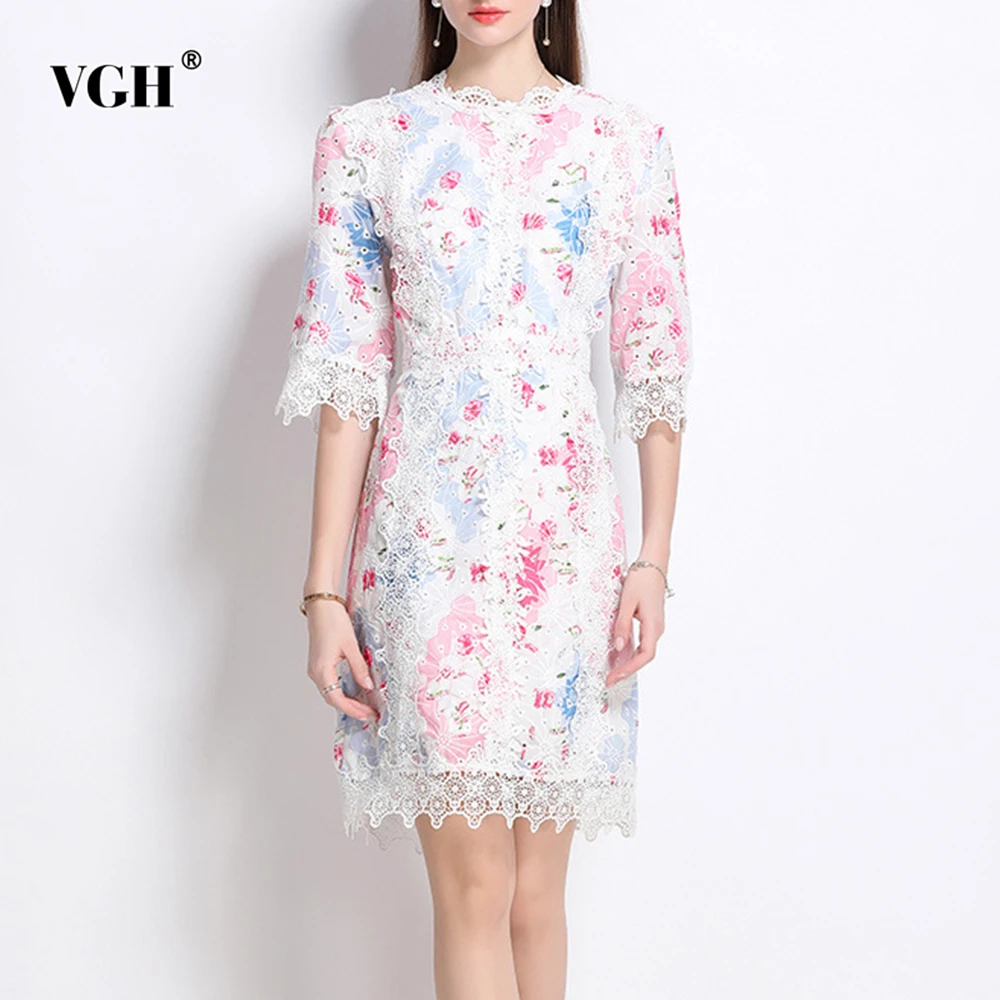 

VGH Designer Printign Slimming Spliced Lace Dresses For Women Round Neck Half Sleeve High Waist Temperament Dress Female Style