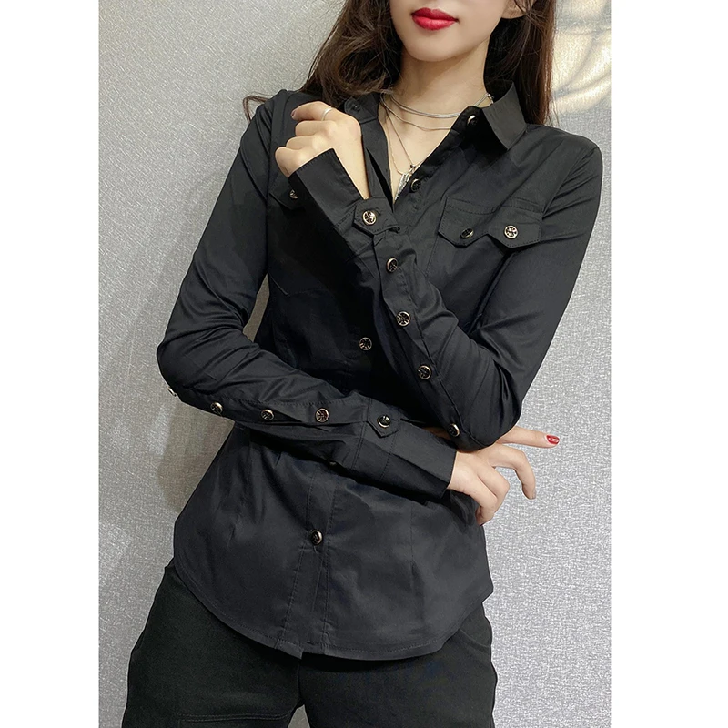 2024 New Fall Winter European Clothes Green Shirts Office Lady Pocket Blouses Chic Sexy Button Up Women Long Sleeve Tops 311126