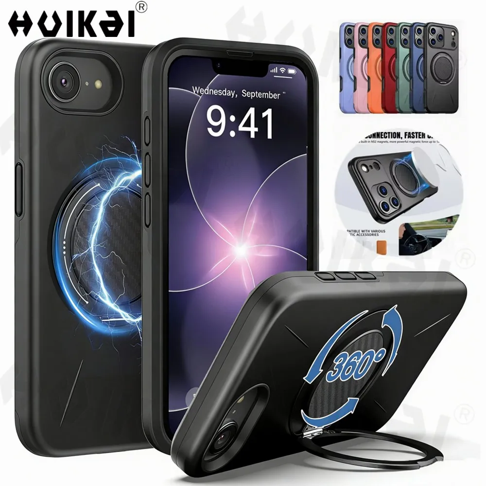 Magnetische Hülle für iPhone 17e 16e mit Ständer, Militärischer Schutzgrad, Carbonfaser-Design, TPU PC Stoßfeste Schutzhülle