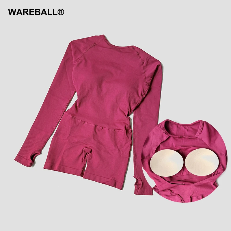 WAREBALL Long Sleeve One Piece Women's Backless Gym Set Yoga Jumpsuit Workout Sports Playsuit Open Back Fitness Sportswear