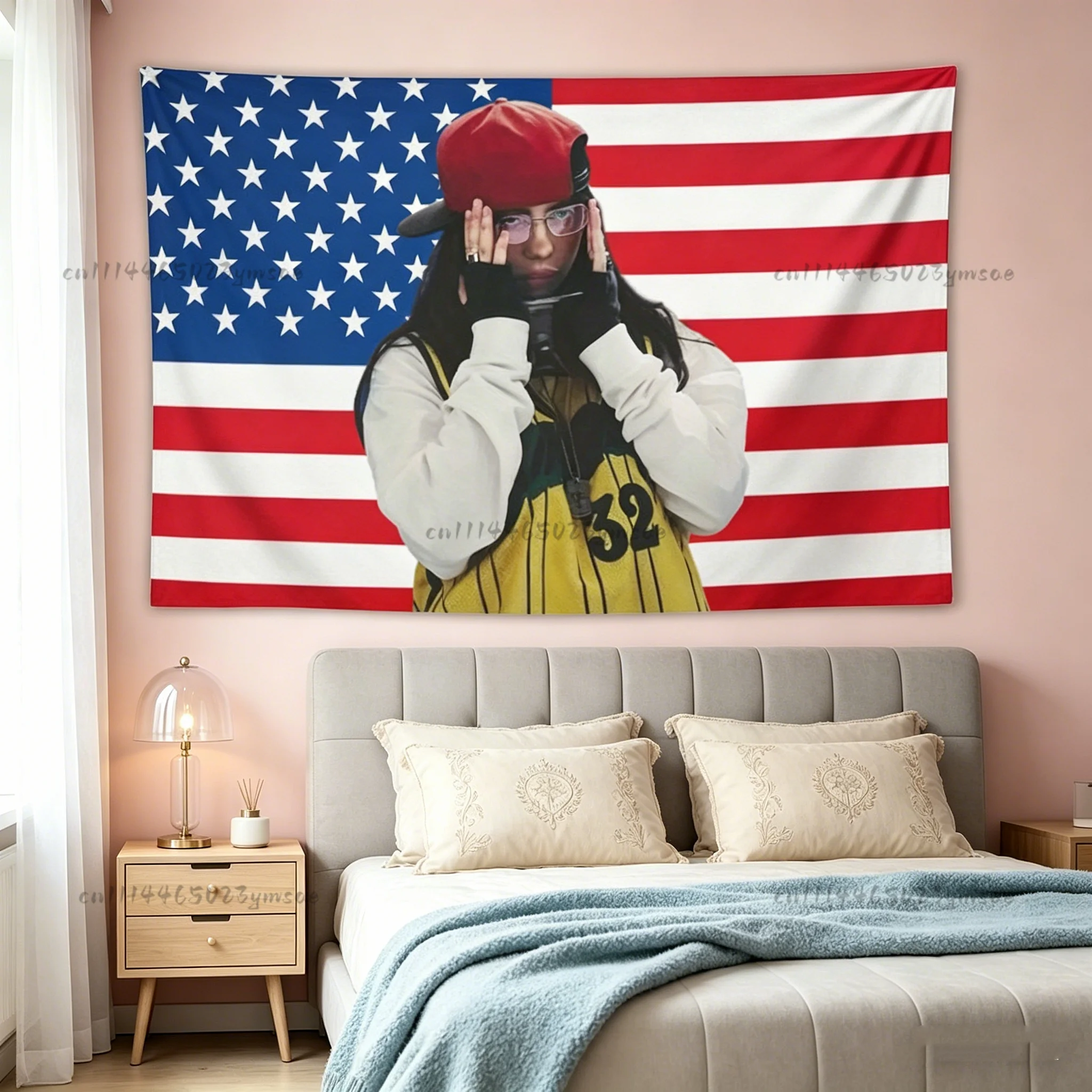 Theme Poster Tapestry Banner Pink American Flag B-Billie-Eilish Music Flags Wall Tapestry Aesthetic Bedroom Dorm Decor Fans Gift