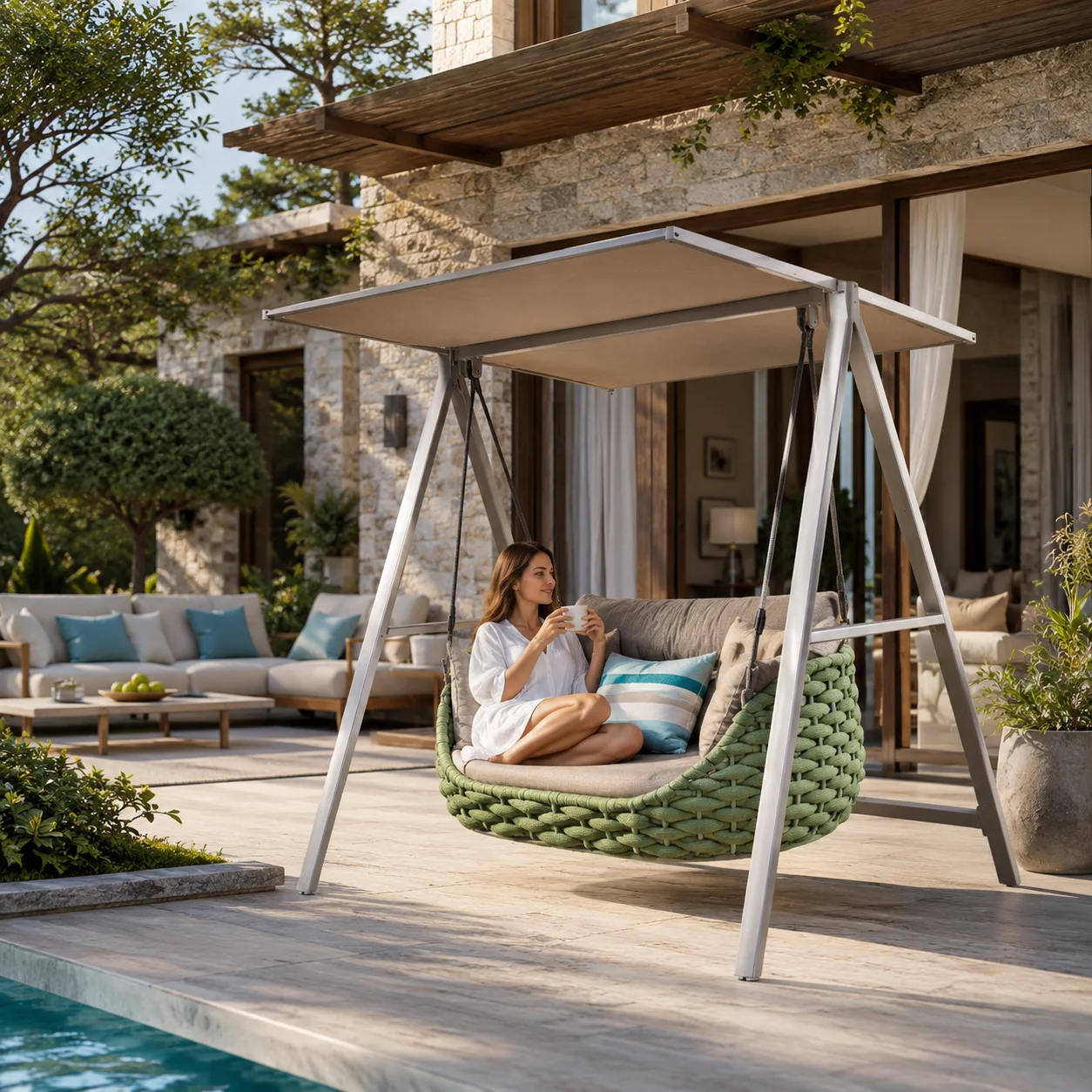 

Outdoor Canopy Hanging Daybed Swing with Woven Rope Basket Seat, Freestanding 2-Seater Patio Lounge Sofa for Villa Garden & Cour