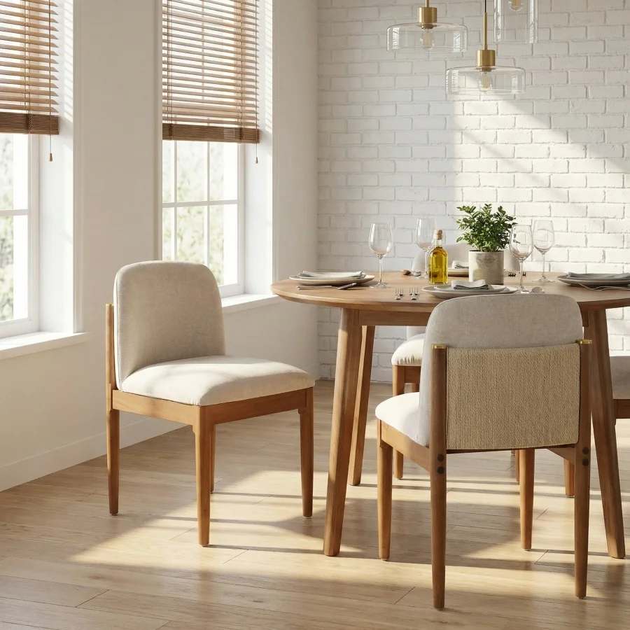 

Modern dining chair for home bar/restaurant/dining room: woven rope backrest, solid wood legs, walnut color, set of 2