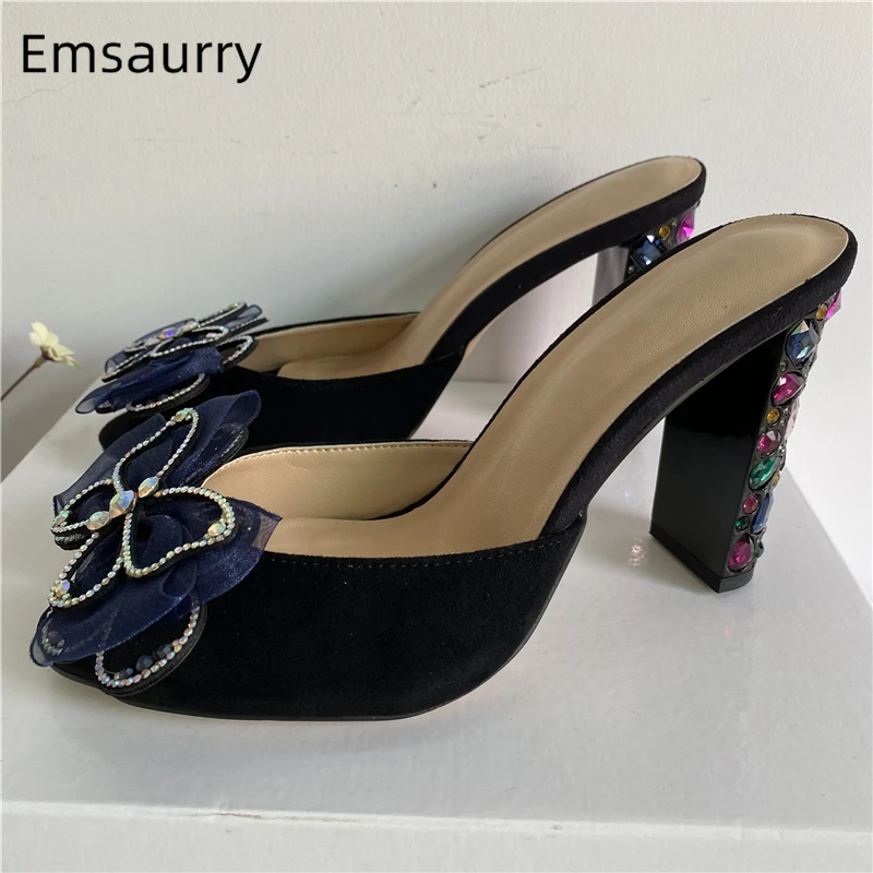

Сандалии женские на высоком каблуке, Роскошные замшевые босоножки с ремешком на пятке, с бусинами, кристаллами и цветами, летняя обувь
