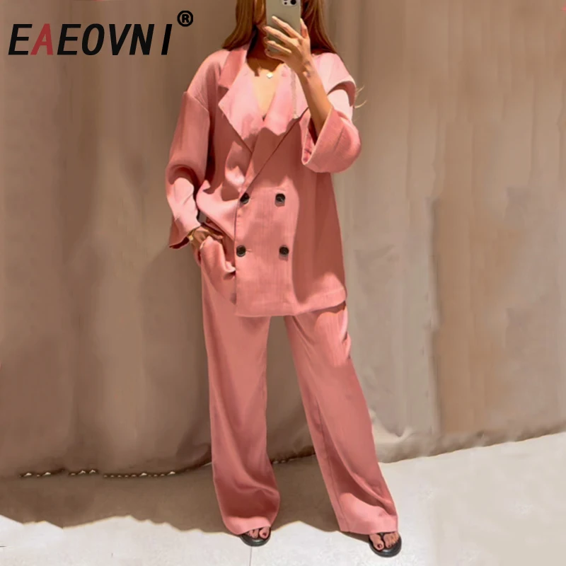 

EAEOVNI однотонный женский комплект из двух предметов, модный пиджак с двойными пуговицами + длинные плиссированные брюки, свободные повседневные осенние новинки 2023 г.