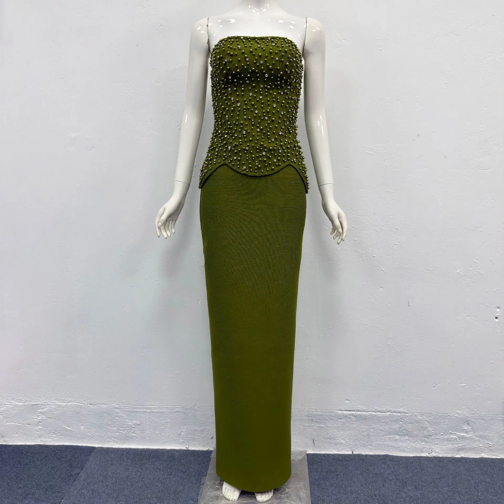 

Women’s Olive Green Strapless Pearl Rhinestone Embellished Bandage Bodycon Maxi Dress Luxury Formal Evening Gown