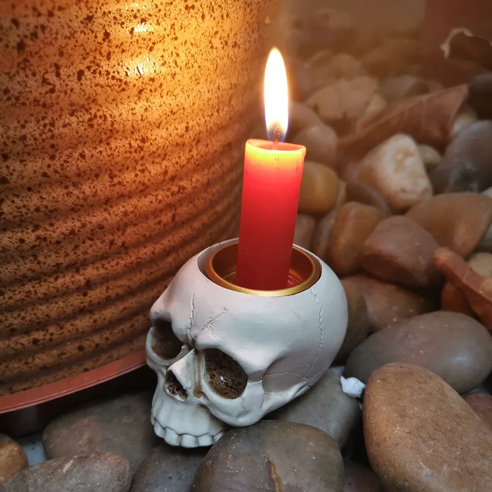 2026 Halloween Horror LED Candle Lamp Hand‑Held Skeleton Skull Candlestick Simulated Flame Light Home Party Decoration Prop