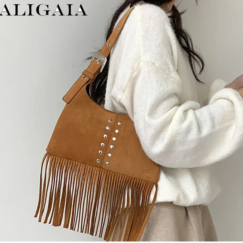 Nuevo Bolso de Hombro Retro de Ante con Flecos para Mujer, Bolso Hobo con Remaches y Estampado de Leopardo, Estilo Vaquero Occidental, Bolso de Mano con Correa Ajustable