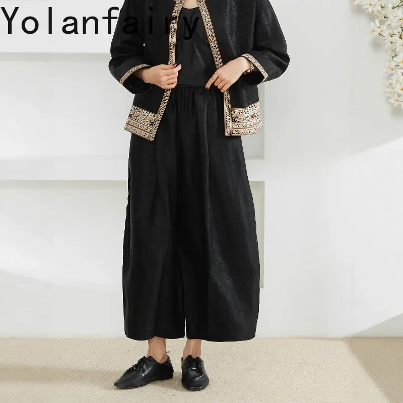 YOLANFAIRY New Luxury 100% Real Mulberry Silk Pants Woman Elastic Waist Loose Gambiered Trousers Straight Wide Leg Pants Bottoms